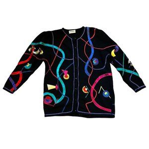 Vtg Magnolia Lambswool Rabbit Hair Cardigan Sweater 80s Geometric Ribbon Sequin